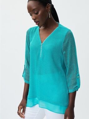 Joseph Ribkoff Teal Zip-Front Sheer Tunic Style 231056